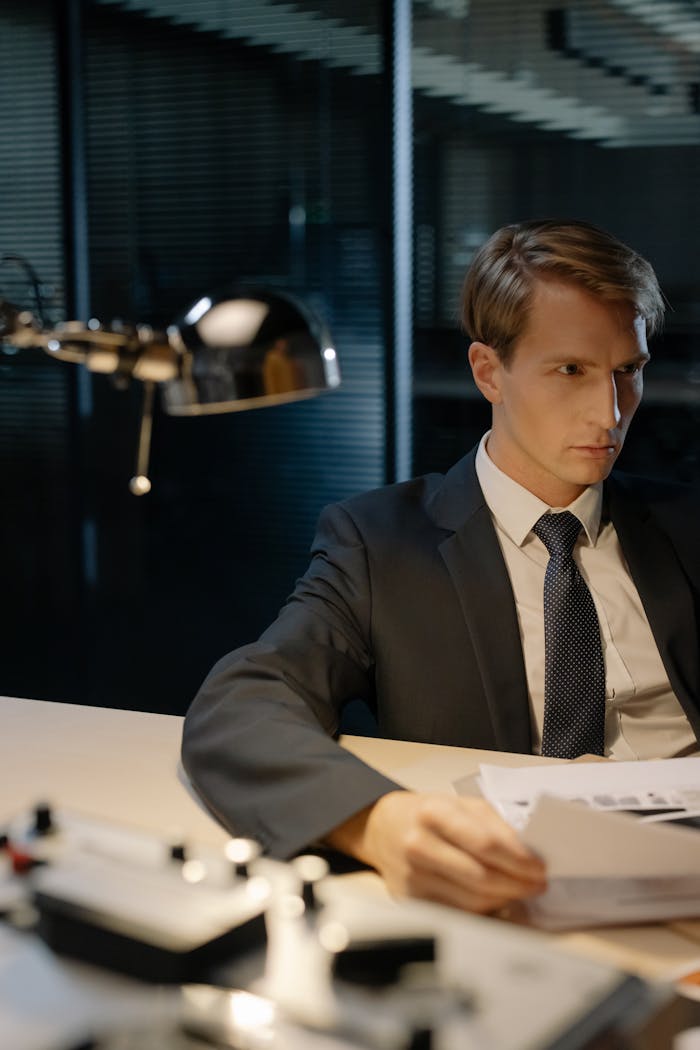 about-us A focused investigator examines documents at a dimly lit office desk for crucial evidence.